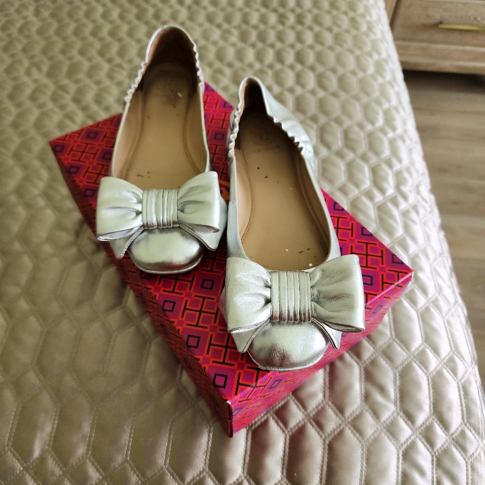 Tory Burch Silver Bow Ballet Flats